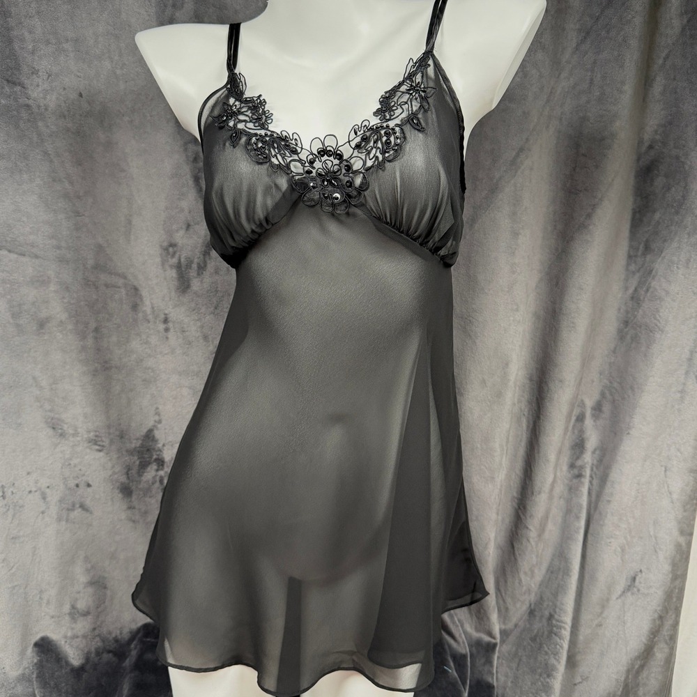 Vintage Dentelle Whimsigoth Black Sheer Slip Dress Babydoll Y2K‎ Small